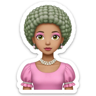 Pretty Brown woman with a very very short stylish gray Afro  wearing pink and green dress  and pearl blouse with sleeves sticker