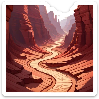 Cinematic Realistic Canyon Emoji, Vast and rugged, with deep red rock formations and winding paths leading down to a dry, dusty floor. Sunlight casts long shadows across the craggy surfaces, highlighting the layers of ancient rock. Soft glowing outline, capturing the essence of dramatic beauty and ancient history in a mighty canyon. sticker