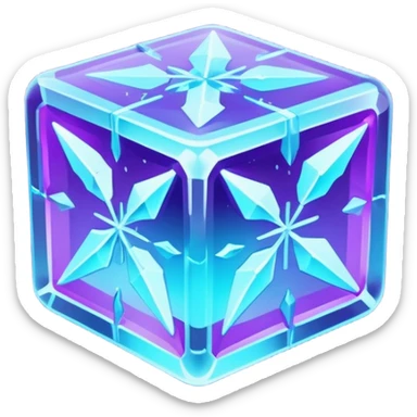 glowing ice crystal cube, icy neon cyan highlights, purple neon accents, dark background, digital tech style. sticker
