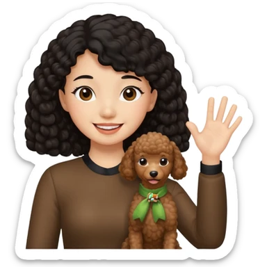 Brown poodle with Asia girl waving left hand sticker