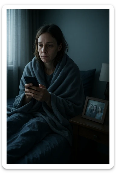 Donna tra i 30 e i 35 anni seduta da sola in una stanza, avvolta in una coperta, guarda il telefono ma non risponde ai messaggi. Sul comodino, una foto con amici, leggermente coperta dalla polvere. Sguardo perso nel vuoto. La stanza trasmette solitudine e distacco. Colori freddi, luce naturale tenue sticker