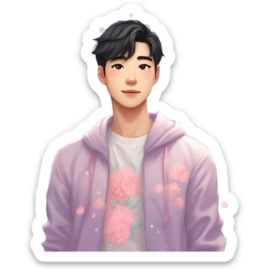 Gorgeous bright sparkly romantic Asian pastel anime style guy with blushing face and flowers aesthetic trending style outside sticker