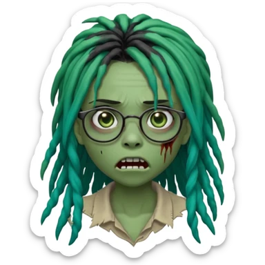 One young female green-skinned, zombie with glasses, with ombre black roots & teal tips long dreadlocks and a side bang of her locs that fall over the left eye and a worried expression like with the mouth open, teeth showing, and the jaw uneven. with a small wound near its mouth. sticker