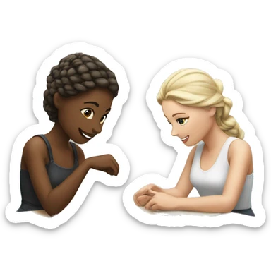 Two white girls at a table chatting and crafting  sticker