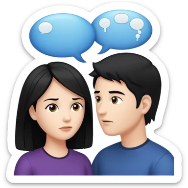 a person chatting up another person, one white male with black hair, one white woman facing each other talking with strictly white speech bubbles above their head,  sticker