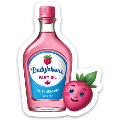 bottle of oil blue top pink outside with logo that says Diddy Party oil Johnson and Johnson  brand with a smiling berry on top sticker