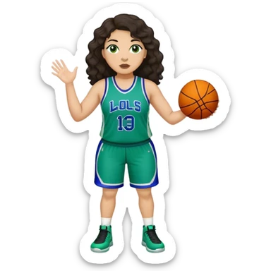full body plus size light skin latino women basketball player with wavy dark hair large wide nose wearing blue with green uniform sticker