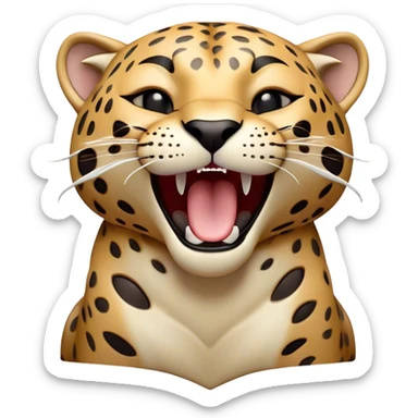 Cinematic Cute Yawning Jaguar Portrait Emoji, Head tilted slightly with a dramatic, wide-open yawn, showcasing a lithe, graceful build with distinctive rosette patterns and sleepy, half-closed eyes, Simplified yet irresistibly adorable features, highly detailed, glowing with a soft, cozy wild glow, high shine, relaxed yet expressive, stylized with a dash of whimsical feline charm, soft glowing outline, capturing the essence of a drowsy yet affectionate guardian that appears ready to stretch out for a nap! sticker