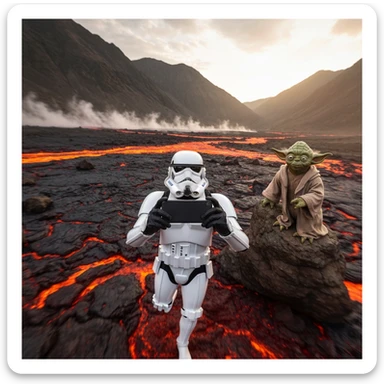Camera POV, Starwars stormtroopers vlogging selfie, he is walking on lava planet with yoda sticker