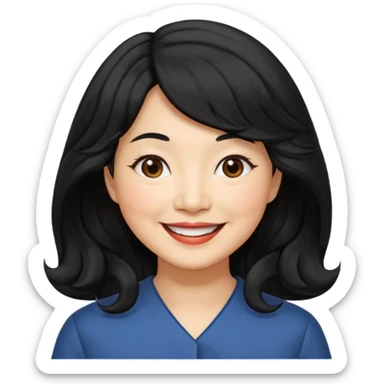 60 yr old asian woman, wavy thick black hair, side part, side swept bang, big smile sticker
