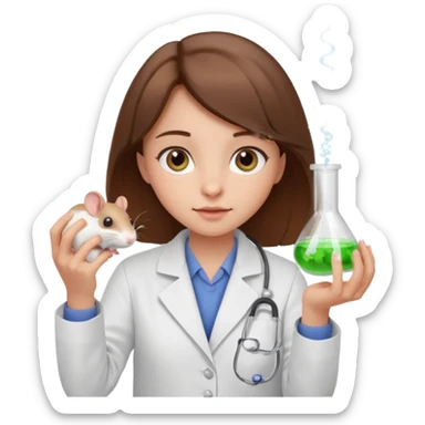a cute brown haired girl with hazel eyes holding a white mice in hand doing experiment in lab sticker