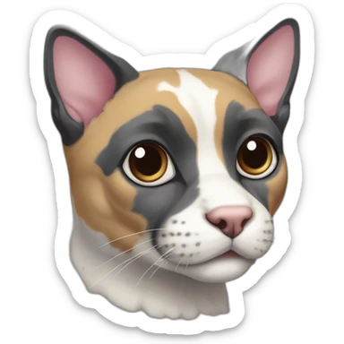 older diluted calico, white chin, black and pink nose, mostly dark grey with whiteish beige forehead, dark grey ears sticker