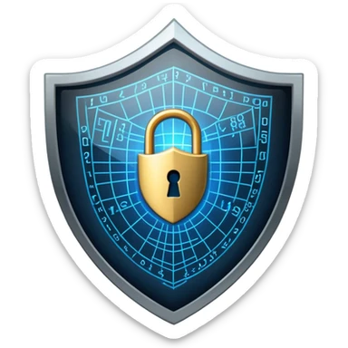 An icon featuring a shield with a padlock, a digital network grid, and binary code, symbolizing cybersecurity. The design includes a hacker’s silhouette, a firewall, and encrypted data flow, representing protection against cyber threats. Transparent background highlights digital security. sticker