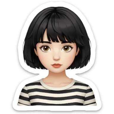woman with short french bob haircut tousled textured messy wavy hair short straight-across blunt baby bangs black hair Amelie elegant woman with beautiful hair aesthetic striped white shirt sticker