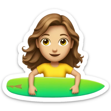 A girl surfing on a surfboard with brown hair and green eyes!  And a yellow t-shirt sticker