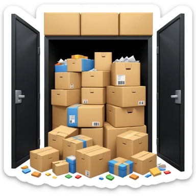 Generate a realistic emoji-style of a overfilled storage room where the packages are falling over sticker
