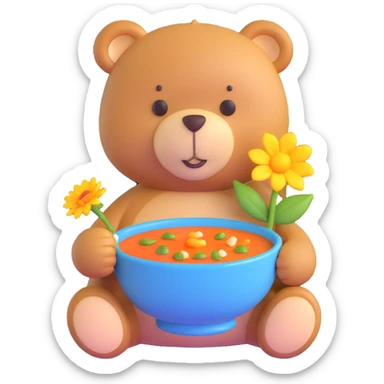 teddy bear with soup and flower sticker