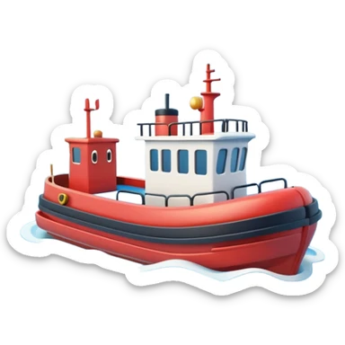 A 3D cartoon tugboat towing another boat on calm blue water, soft waves, clear sky, Memoji-style. sticker