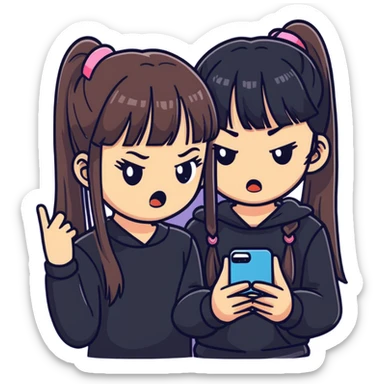 cute girl with two long ponytails and straight bangs, dark outfit, angry emoji-like face with furrowed brows and puffed cheeks, gripping smartphone, floating phone screen displaying happy couple causing jealousy, minimal, bold, expressive, pink background sticker
