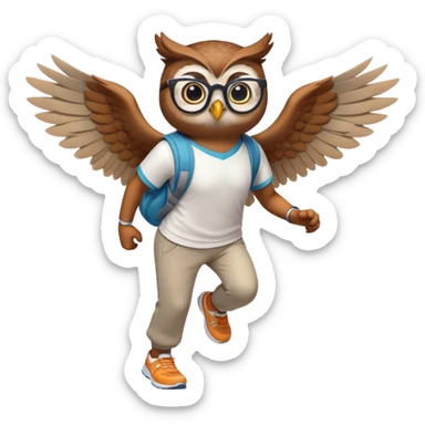 friendly anthropomorphised owl with visible wings, in pants and a shirt, wearing glasses, jogging upright, relaxed pose sticker