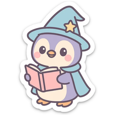 cute penguin dressed as a wizard holding an open spellbook sticker