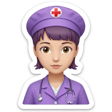 A young female slim nurse with short Brown hair with fringe over her forehead, wearing larvendar purple working cloth sticker