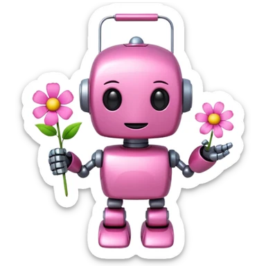 pink cute robot, holding a flower, cheerful sticker