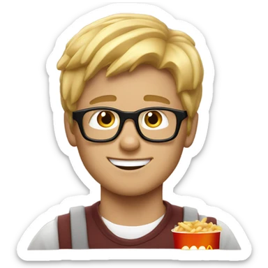 blond young guy with glasses eating mc Donald’s sticker
