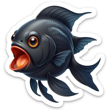 Cinematic Cute Yawning Black Goldfish Portrait Emoji, Head tilted slightly with a dramatic, wide-open yawn, showcasing a smooth, deep black body with elegant, flowing fins, eyes barely open in drowsy contentment, Simplified yet irresistibly adorable features, highly detailed, glowing with a soft, cozy glow, high shine, relaxed yet expressive, stylized with a touch of whimsy, bright and endearing, soft glowing outline, capturing the essence of a sleepy yet affectionate goldfish, so drowsy it feels like it could float out of the screen and curl up for a nap! sticker