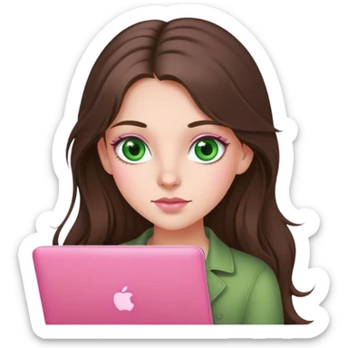 brunet smm girl with long hear and green eyes with pink mac book sticker