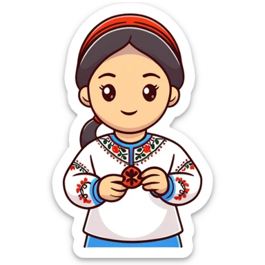 Ukrainian girl in traditional embroidered vyshyvanka shirt holding a DNA molecule in her hand sticker