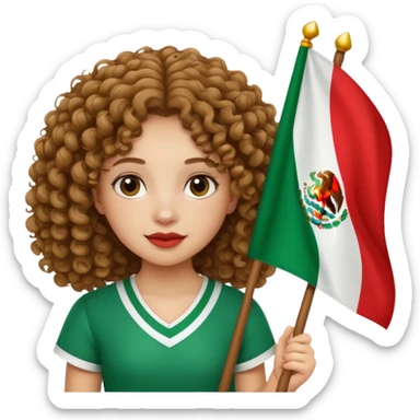 A pale light skin brown girl with curly hair that is holding a Mexican flag  sticker