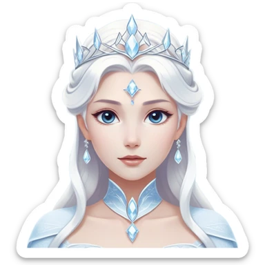Cinematic Majestic Snow Queen Portrait Emoji, rendered in a clean, vector-style with bold, simplified shapes. Show Elsa with a serene, noble expression, luminous icy skin and gracefully styled platinum hair adorned with subtle crystalline accents, her attire minimal yet majestic. The design radiates a cool, crystalline glow with high shine and a soft glowing outline, embodying timeless, frosty elegance. sticker
