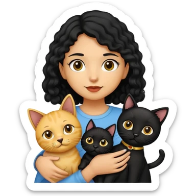 A girl with long black hair is holding a black cat, a yellow short-haired cat, and a curly-haired dog sticker