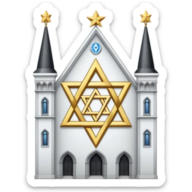 reform jewish synagogue similar in architecture to historical religious architecture in europe. the building should be white with silver/golden features, gothic architectural elements and star of david. no crosses. the emoji should be in ios emoji style. sticker
