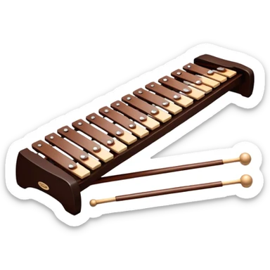 Create a detailed and professional emoji representing a Fleet FLT-SX37 orchestral long wooden xylophone. The design should showcase the large, wooden bars of the xylophone arranged in a traditional layout, with a polished, smooth finish. The bars should be dark brown or mahogany, with soft metallic reflections on the resonators underneath. Include two mallets with rubber or wooden heads resting on the bars, emphasizing their role in striking the notes. The xylophone should have a sophisticated and professional appearance, with clean lines and a polished look. Add subtle musical notes or sound waves to represent the vibrant sound produced by the instrument. The background should be transparent. sticker