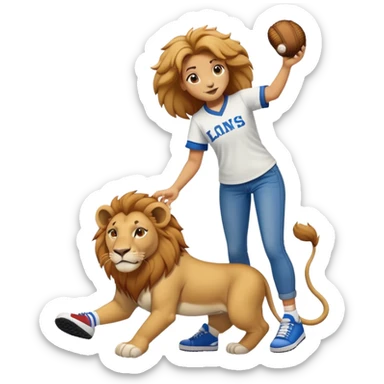 friendly anthropomorphised female lion wearing a baseball shirt, jeans, and trainers, helping another character up after falling down sticker