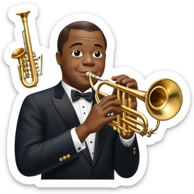 Icon for Jazz Music: Louis Armstrong with his trumpet in front of a jazz orchestra. Include musical instruments like a saxophone, trumpet, and piano, with floating musical notes around. The design should capture the smooth and soulful vibe of jazz. Transparent background. sticker