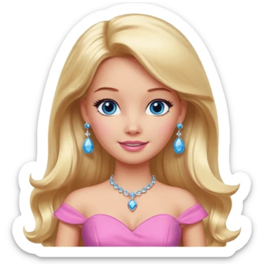 barbie, long blonde hair, pink dress, with blue eyes,different dress,ear rings, jewelry, different face expressions. sticker