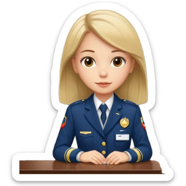 Reception Young girl, straight hair, wearing uniform jacket with hotel name badge, tasteful scarf, stand behind the desk

 sticker