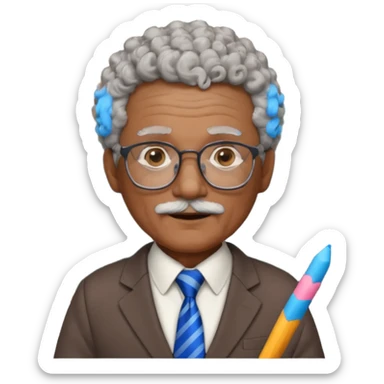 old man teacher, brown skin, curly grey white hai, wearing glasses, brown suit, blue tie hold chalk on hand sticker