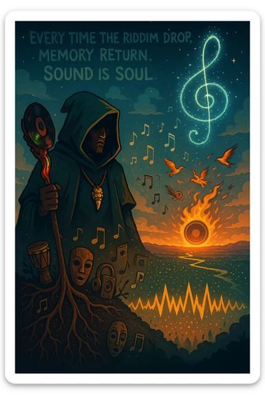 Create a mythical, animated-style poster set in a timeless world where sound is sacred. At the center, a hooded guardian of rhythm stands on a hill, overlooking a vast land shaped like a giant soundwave.

He holds a staff made of melted vinyl records, glowing with faint reggae colours — red, gold, and green. Around his neck is a lion’s fang pendant, and behind him, a swirling constellation shaped like a treble clef lights the sky.

From the earth, roots twist upward into musical notes, connecting instruments, speakers, and ancestral masks half-buried in the soil.

A flock of birds made from broken headphones and fire rises from the horizon — flying toward a glowing sun that pulses like a subwoofer.

Below, scattered across the valley, are tiny glowing embers — each one representing a soul still dancing, still alive.

In the sky, faint words form from the clouds:
“Every time the riddim drop, memory return. Sound is soul.”

The artwork should feel ancient, futuristic, and sacredly street — part graffiti, part prophecy, part roots revival. sticker