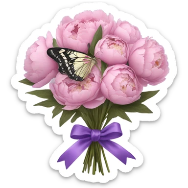 A purple silk ribbon tied around a bouquet of dried pink peonies , with a delicate pastel violet butterfly perched gently on the bow. sticker