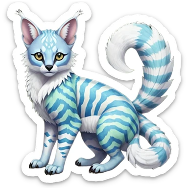 Colorful tropical tribal pale light fruity pastel white glorious iridescent divine exotic cute albino neon vibrant zigzagged cool beautiful fantasy-caracal-civet-genet-sergal-vernid-Gryphon-Cacomistle-Trico-oncilla-animal-Fakémon-hybrid-fursona (full body), facial markings,  sticker