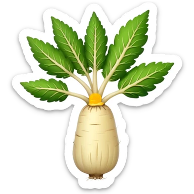 single parsnip root, long tapered shape, creamy off-white skin, slightly textured surface with fine ridges and light speckling, stub of green stem at the top, no leaves, no dirt, no extras, whole root, soft lighting, subtle shadows, emoji scale sticker