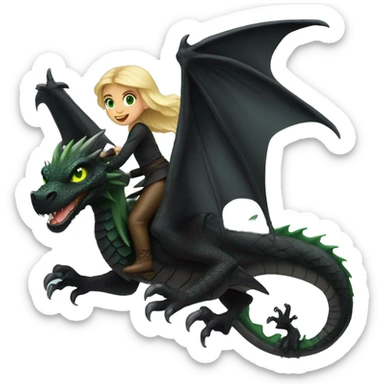 blonde haired green eyed girl riding a full size black dragon with wings sticker