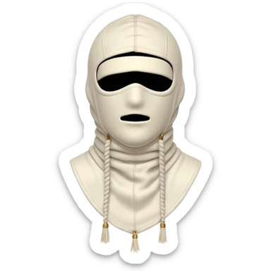Deconstructed off-white balaclava with frayed layers, rope tassels, subtle embroidery. Studio photo, white bg, soft light. Streetwear luxury style.
 sticker