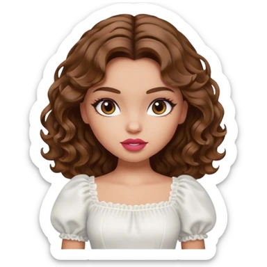 generate a pretty bratz girl with in a white puff sleeve top. lipgloss on . Brown wavy hair long.  sticker