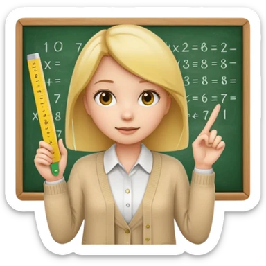 a girl emoji wearing a beige cardigan over a white collared shirt, holding a yellow straight ruler, pointing at a green chalkboard with math equations on it sticker