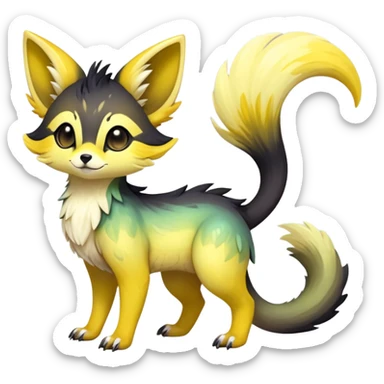 Rare realistic exotic black iridescent warm-yellows pastel gradients cute epic pretty beautiful handsome gorgeous aesthetic colorful vibrant Vernid-Trico-species-Fakemon-creature by LiLaiRa, 4 legs, 1 tail, random markings, (full body) sticker